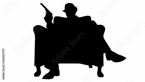 Silhouette of a man sitting in a chair holding a gun with his legs crossed and wearing a hat in black | editable eps vectors