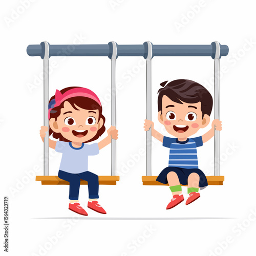 Happy Children Playing on Swings Vector Illustration