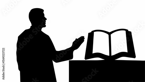 Silhouette of a man standing next to a lectern with an open book in black and white illustration | editable eps vectors