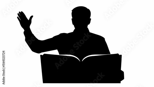 Silhouette of a person standing behind a podium with an open book and raising their hand in the air | editable eps vectors
