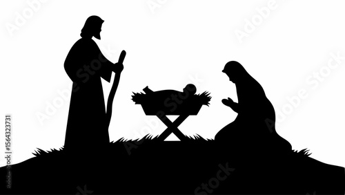 Silhouette of the nativity scene with mary joseph and baby jesus in a manger on a white background | editable eps vectors