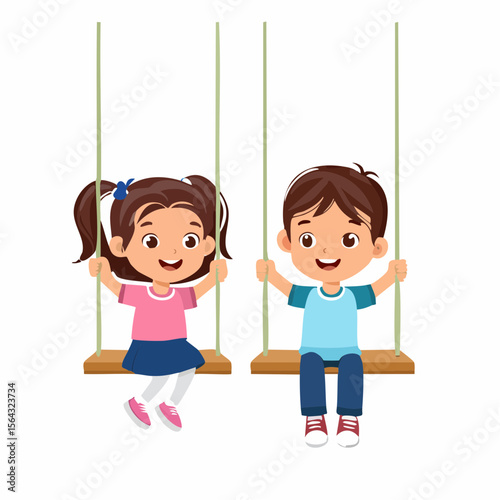 Happy Children Playing on Swings Vector Illustration