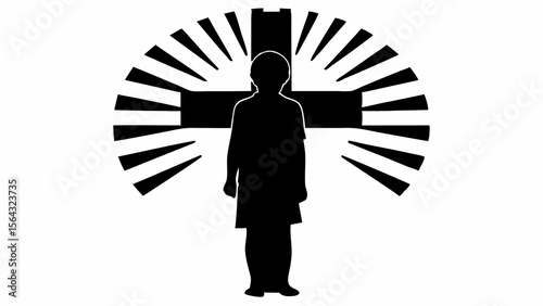 Silhouette of a person standing in front of a cross with radiating lines in black and white design | editable eps vectors