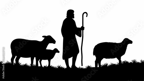 Silhouette of a shepherd with his flock of sheep standing in a field of grass in black and white | editable eps vectors