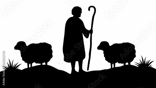 Silhouette of a shepherd with his crook tending to two sheep on a grassy hill in black and white design | editable eps vectors