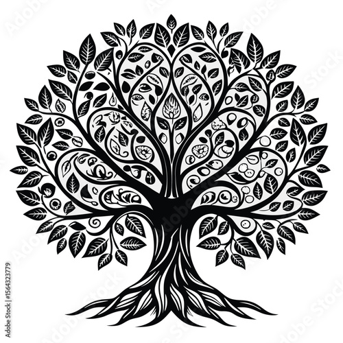 Intricate black and white tree of life illustration with detailed branches leaves and roots symbolizing growth and connection