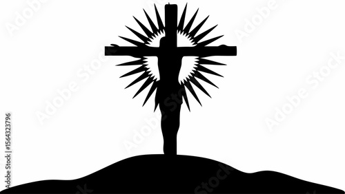 Silhouette of jesus christ on the cross with radiant light on a hill in black and white design | editable eps vectors
