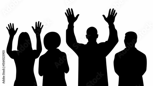 Silhouette of four people with their hands raised in the air against a white background image view | editable eps vectors