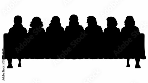 Silhouette depiction of seven figures seated at a long table, creating a sense of gathering and unity | editable eps vectors