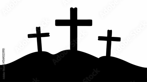 Silhouette of three crosses standing atop a hill in a stark black and white minimalist design style | editable eps vectors