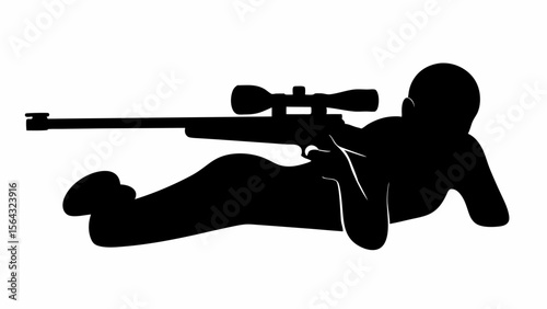 Silhouette of a sniper lying down aiming a rifle with a scope in a prone position on a white background | editable eps vectors