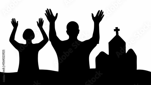 Silhouette of people with raised hands and a church building in the background in black and white style | editable eps vectors