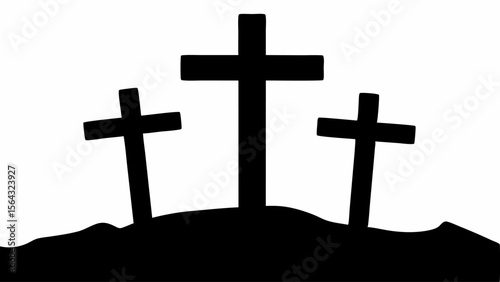 Silhouette of three crosses standing on a hill against a white background depicting calvary hill | editable eps vectors
