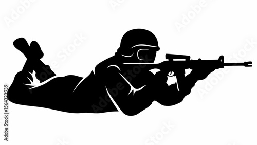 Silhouette of soldier lying down aiming rifle with helmet and goggles in black and white illustration | editable eps vectors