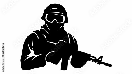 Silhouette of a soldier in helmet and goggles holding a rifle in a black and white illustration | editable eps vectors