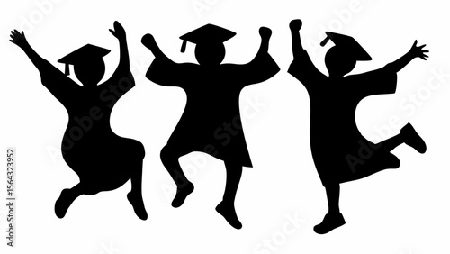 Three graduating students in silhouette jumping and celebrating their academic success and graduation day | editable eps vectors