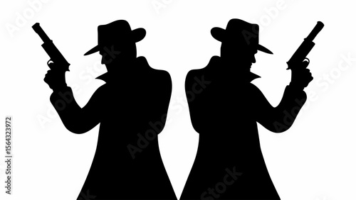 Two silhouettes of men in hats and coats holding guns facing each other in black and white image | editable eps vectors