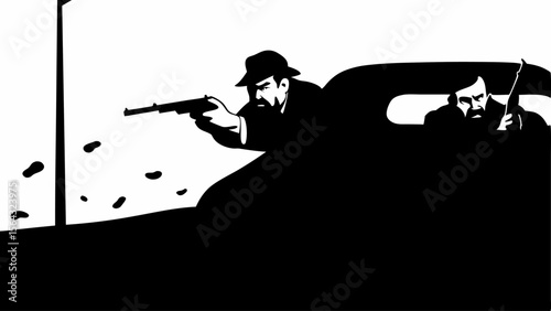 Gangsters in a car firing guns in a black and white illustration style with high contrast design | editable eps vectors silhouette