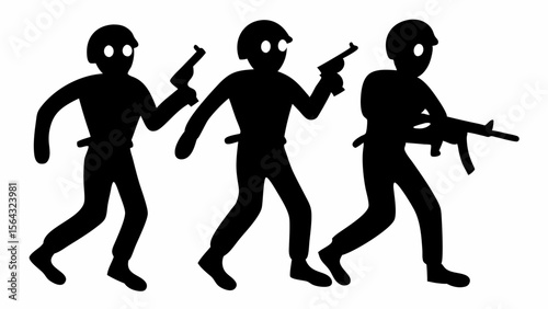 Silhouette illustration of three soldiers walking with guns in their hands and wearing helmets on their heads | editable eps vectors