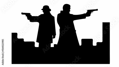 Silhouette of two men in coats and hats pointing guns in front of a city skyline silhouette | editable eps vectors