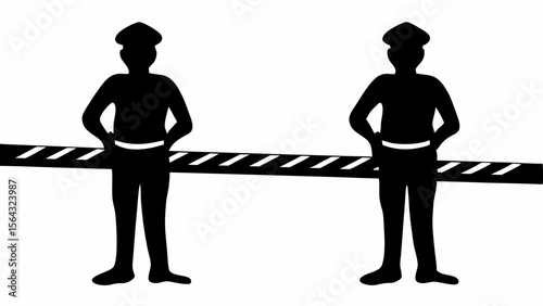 Two security guards standing at a barrier in silhouette with a white background and black lines on barrier | editable eps vectors