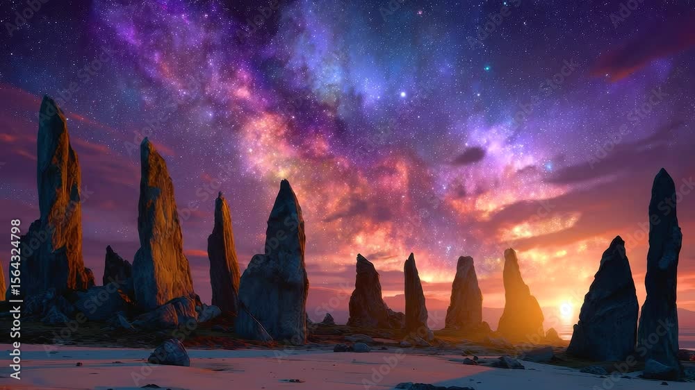 Ancient stone circle glowing under purple galaxy with vibrant sunset sky and glowing stars creating mystical and magical atmosphere
