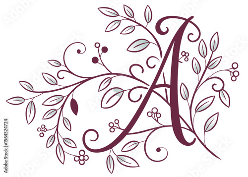 Elegant letter a with floral vine and berries in burgundy and light green