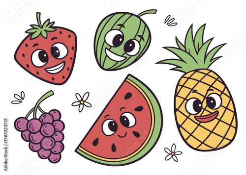 Cute cartoon fruits with happy faces and simple flower decorations