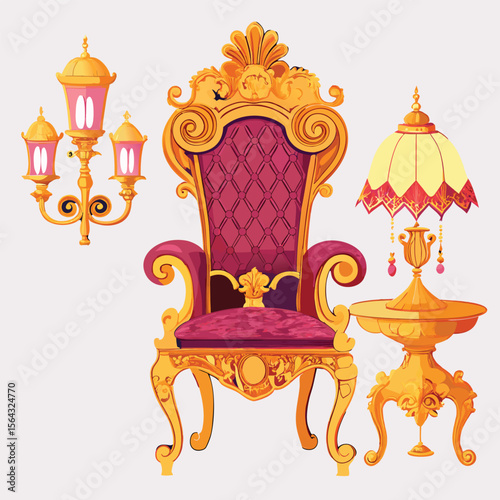 Ornate golden royal throne and elegant lamps with a matching side table evoking opulence and grandeur