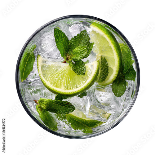 Refreshing cocktail with lime mint and ice cubes close up overhead view isolated on white transparent background PNG