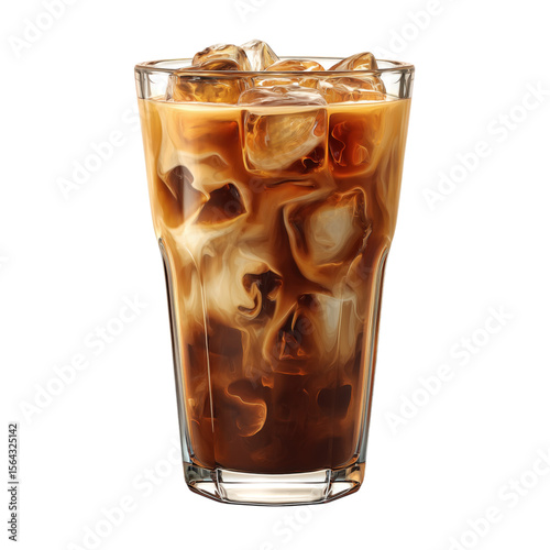 Refreshing iced coffee drink with swirled cream and ice cubes against a  isolated on white transparent background PNG