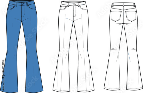 Flared jeans fashion CAD drawing, front and back view, vector illustration, denim pants template, technical sketch, editable apparel design