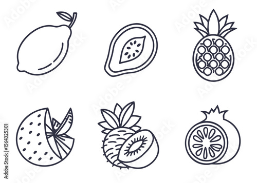Collection of six stylized outline icons representing various fruits including lemon papaya pineapple strawberry kiwi and pomegranate