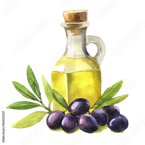 My Watercolor illustration with olive oil with purple olive painting isolated on a white background, illustration, AI painting design, vector illustration set, eps format, My illustration