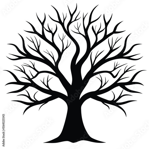 Stylized silhouette of a bare tree with intricate branching patterns against a white background evoking winter or a sense of growth