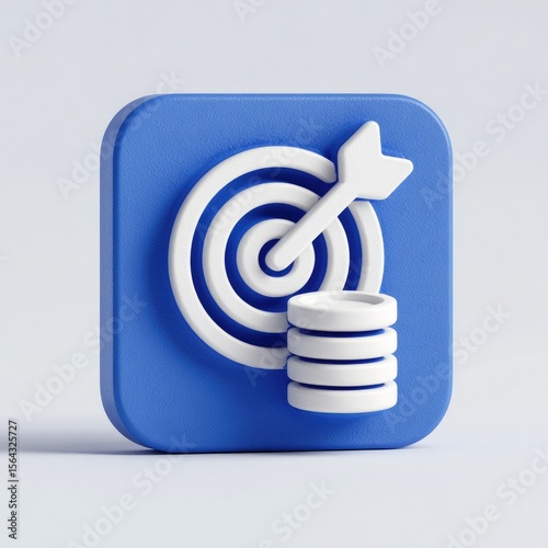 Blue square icon; target, arrow, and coins