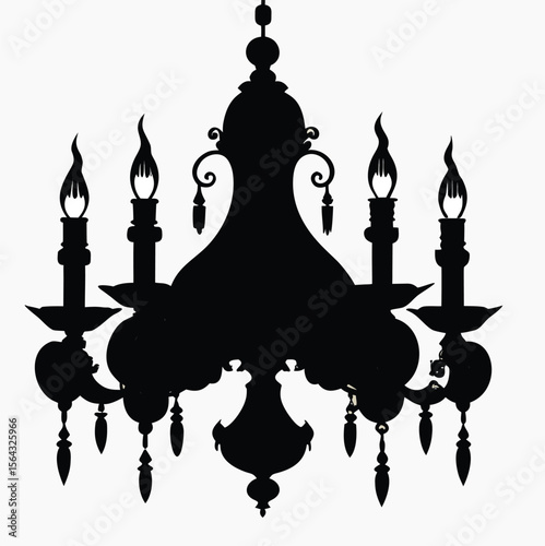 Elegant black silhouette of a classic five light chandelier with ornate details and flame shaped bulbs against a white background