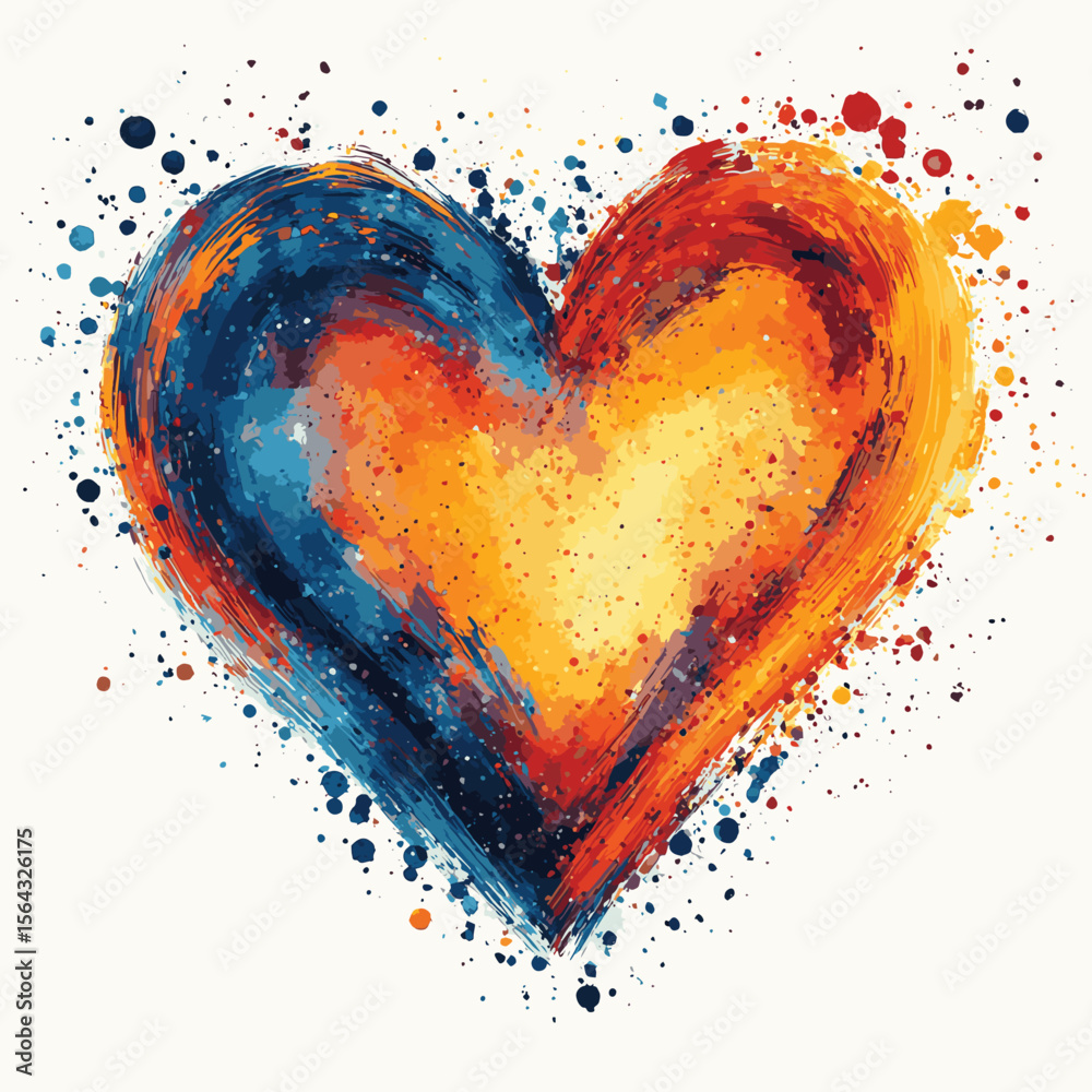 Hand drawn heart made of uneven artistic linear concentric shapes and colorful watercolor vector spots, circles, dots, round brush strokes