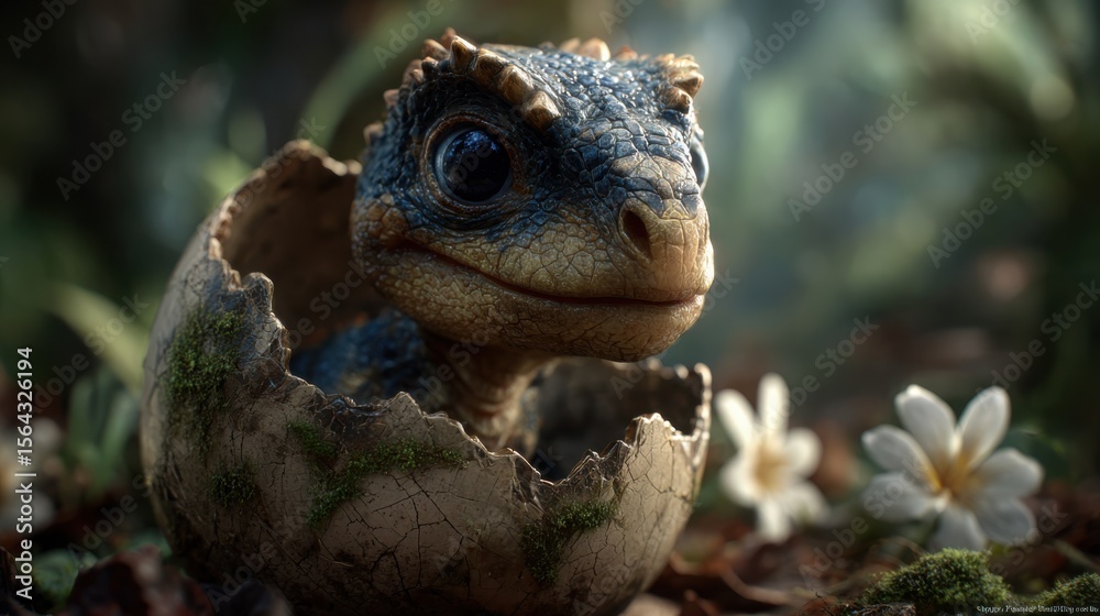 Naklejka premium A baby dinosaur hatching from a cracked egg surrounded by flowers in a natural, forest-like setting.