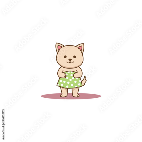 An icon of a cute cartoon puppy standing and wearing a green polka-dot dress, symbolizing fashion, cuteness, and a playful outfit.