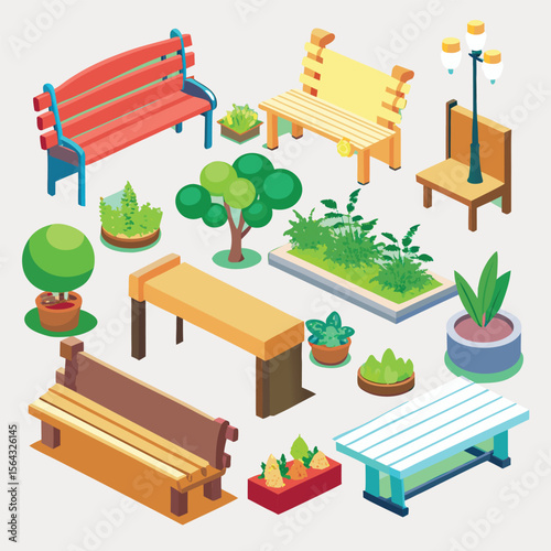 Isometric park furniture and greenery collection featuring benches planters trees and a lamppost perfect for urban design and outdoor scene creation