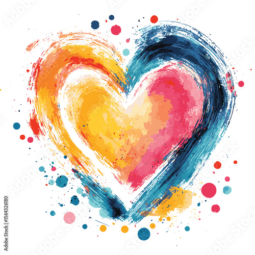 Hand drawn heart made of uneven artistic linear concentric shapes and colorful watercolor vector spots, circles, dots, round brush strokes