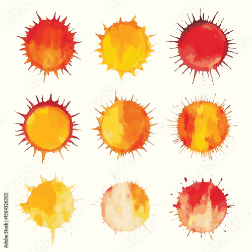 Watercolor vector round sun shapes, spiked crowns, sunburst