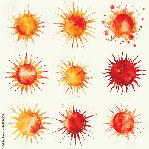 Watercolor vector round sun shapes, spiked crowns, sunburst