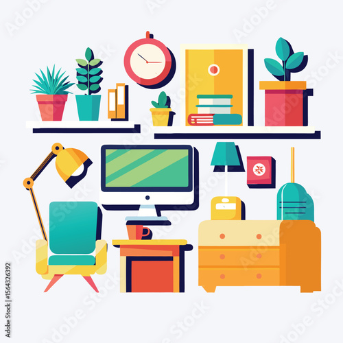 Cozy home office setup featuring plants desk chair and shelving with decorative items for a productive workspace