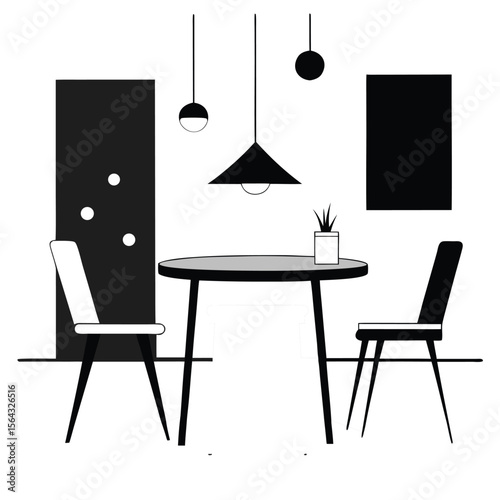 Modern minimalist dining room illustration featuring a round table two chairs and contemporary pendant lighting in a stylish black and white design