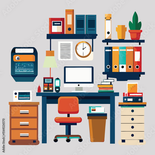 Organized modern office workspace with computer desk chair shelves and storage for efficient productivity and a tidy professional environment