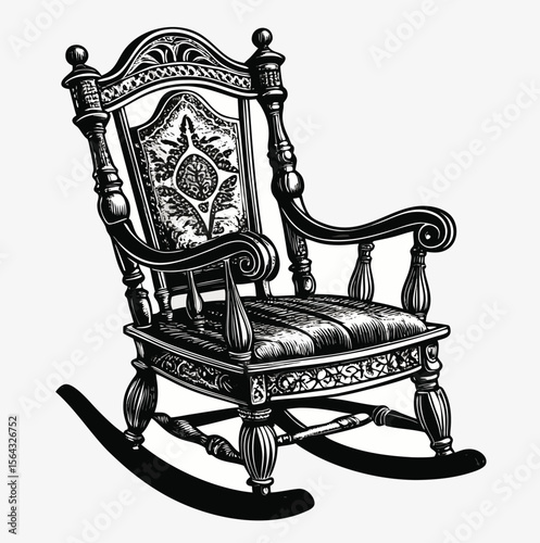 Intricately carved antique wooden rocking chair with upholstered seat and back evoking vintage charm and comfort