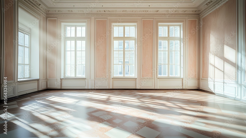 Empty Room: A serene interior, washed with sunlight, showcases the elegant architecture of a grand, empty room, featuring large windows, decorative molding, and a polished wooden floor. Empty Room: A serene interior, washed with sunlight, showcases the elegant architecture of a grand, empty room, featuring large windows, decorative molding, and a polished wooden floor.