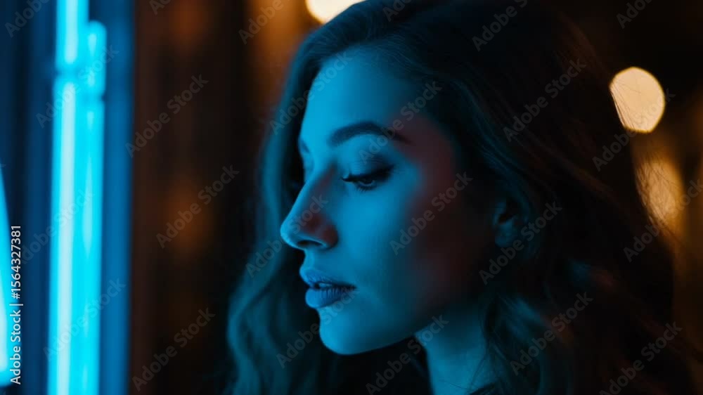Profile of a woman illuminated by neon lights at night Profile of a woman illuminated by neon lights at night